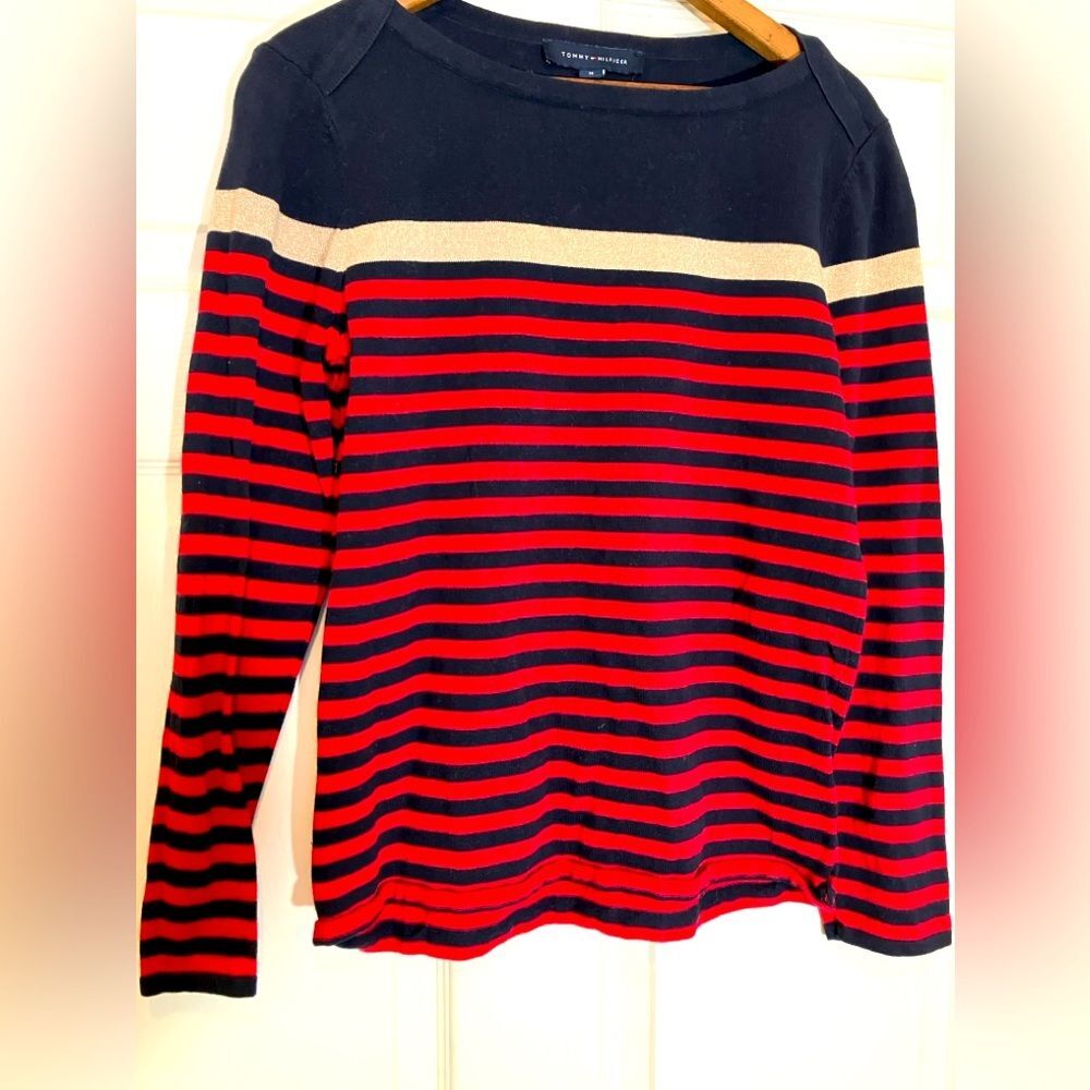 Tommy Hilfiger, striped 3/4 sleeve shirt, navy, red, gold, great condition, m